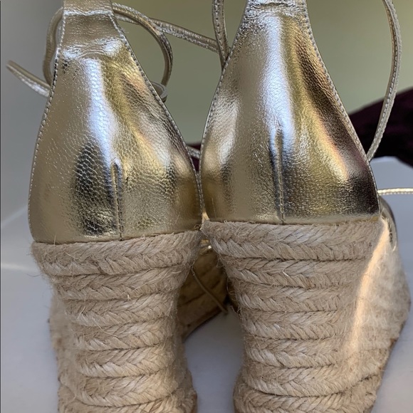 Elle Shiny gold leather sandals tie-up espadrille wedges with high platform US10 - Picture 9 of 12